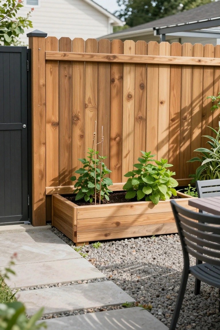 Wooden raised planter with green plants beside tall fence and stone path.