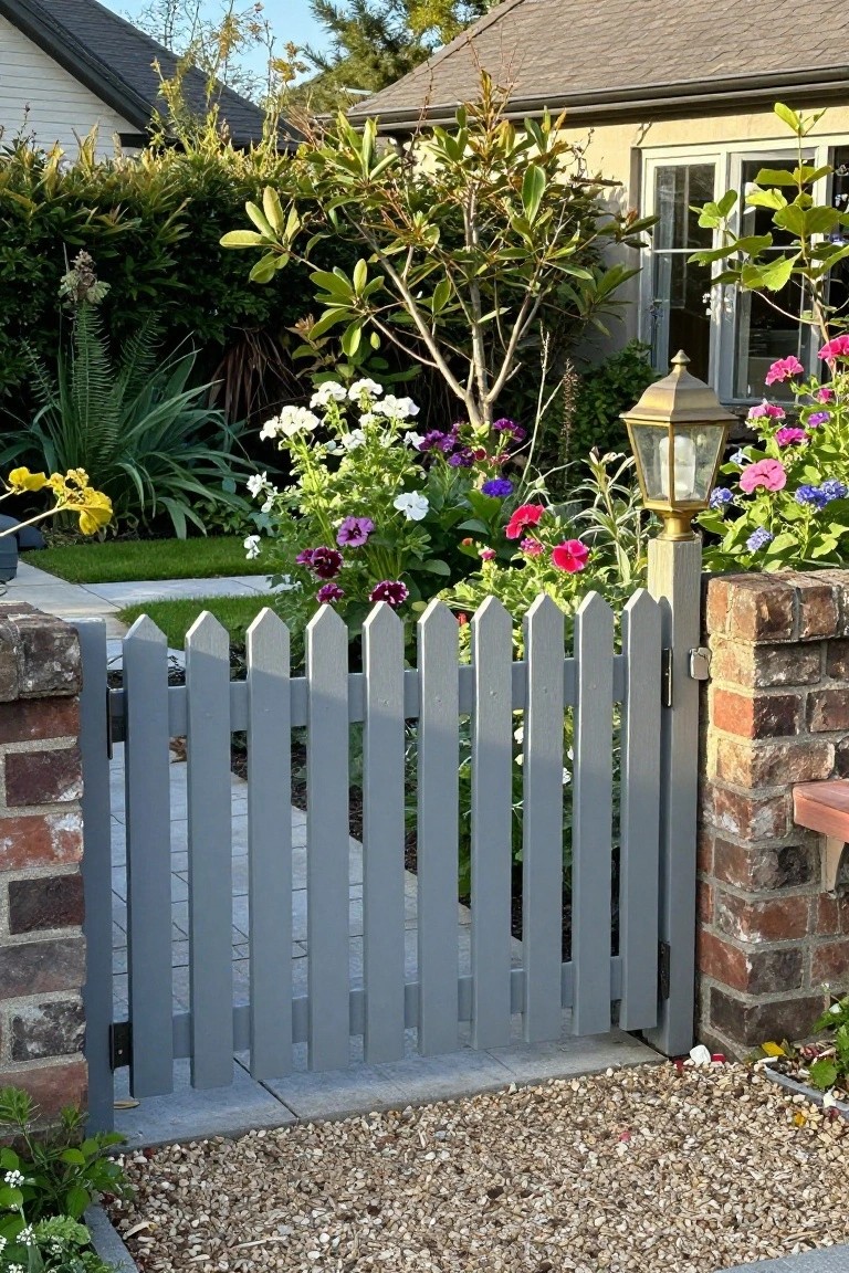 A gray wooden picket fence gate is positioned between brick pillars, with colorful flowers and plants visible behind it and part of a house in the background.