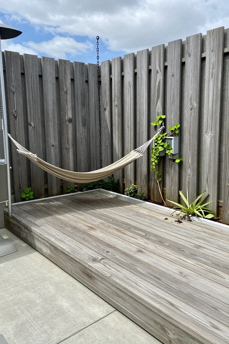 A wooden deck with a hammock suspended from chains in front of a tall vertical wood fence.
