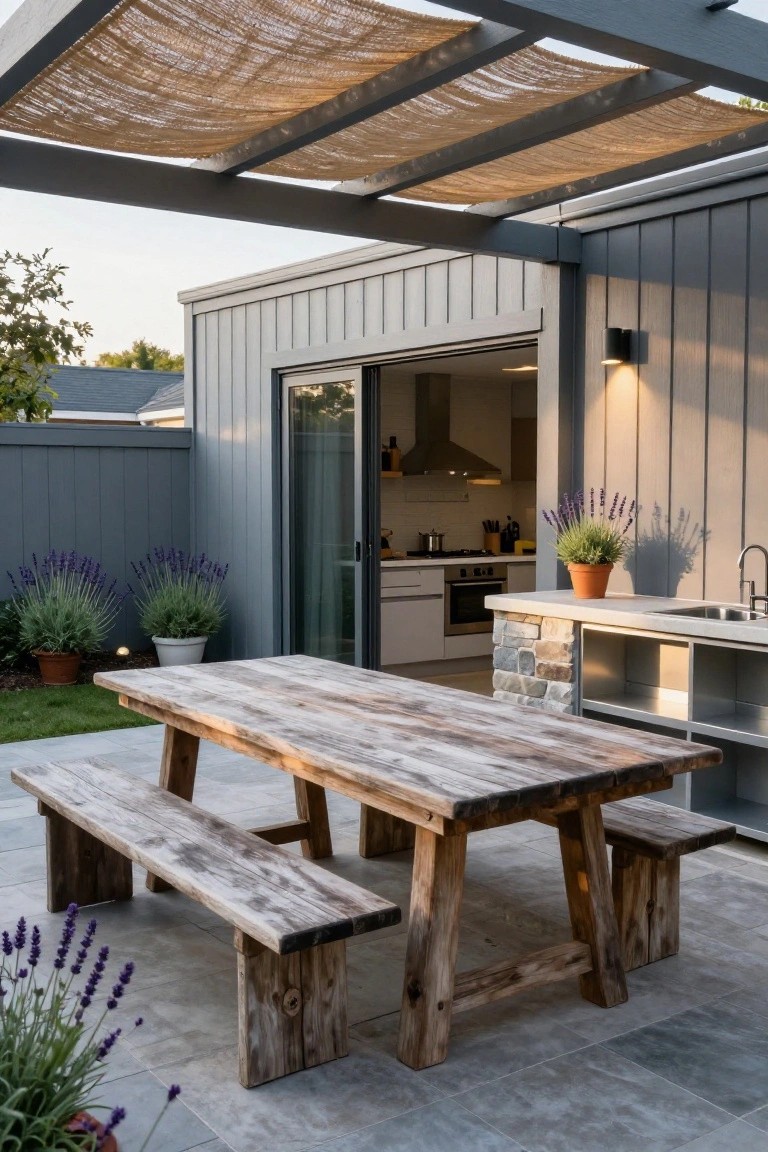 Outdoor patio with a rustic wooden table and benches beside a modern house featuring vertical gray wood siding, an open sliding door to a kitchen, and a stone outdoor counter.