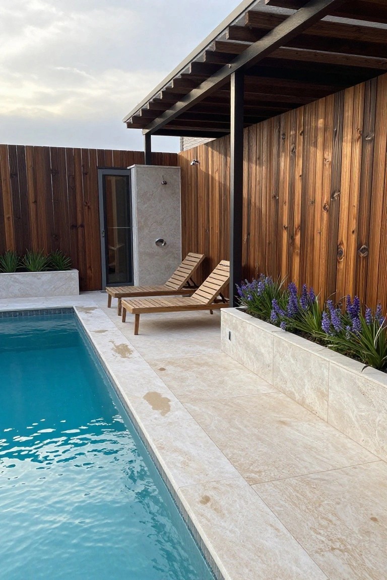 An outdoor pool area with vertical wood fencing, two lounge chairs on a tiled patio, and a stone planter with flowers.
