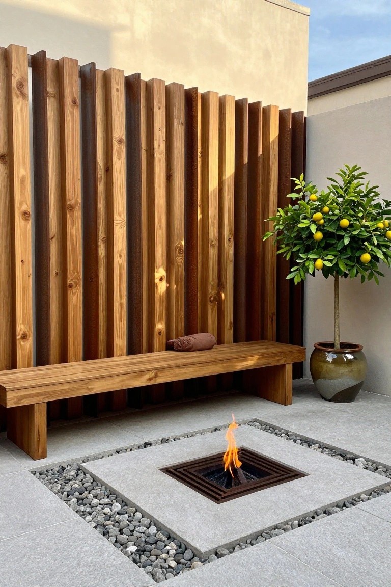An outdoor patio with a vertical wood plank fence, a low wooden bench, a square metal fire pit set in gravel and concrete, and a potted citrus tree.