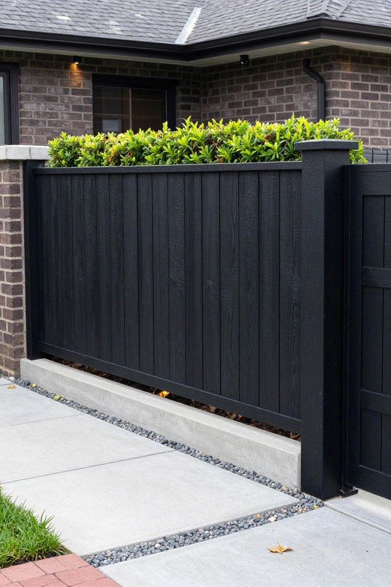 A black vertical wood fence runs along a concrete path beside a brick house, with green shrubs growing along the top edge and gravel lining the base.
