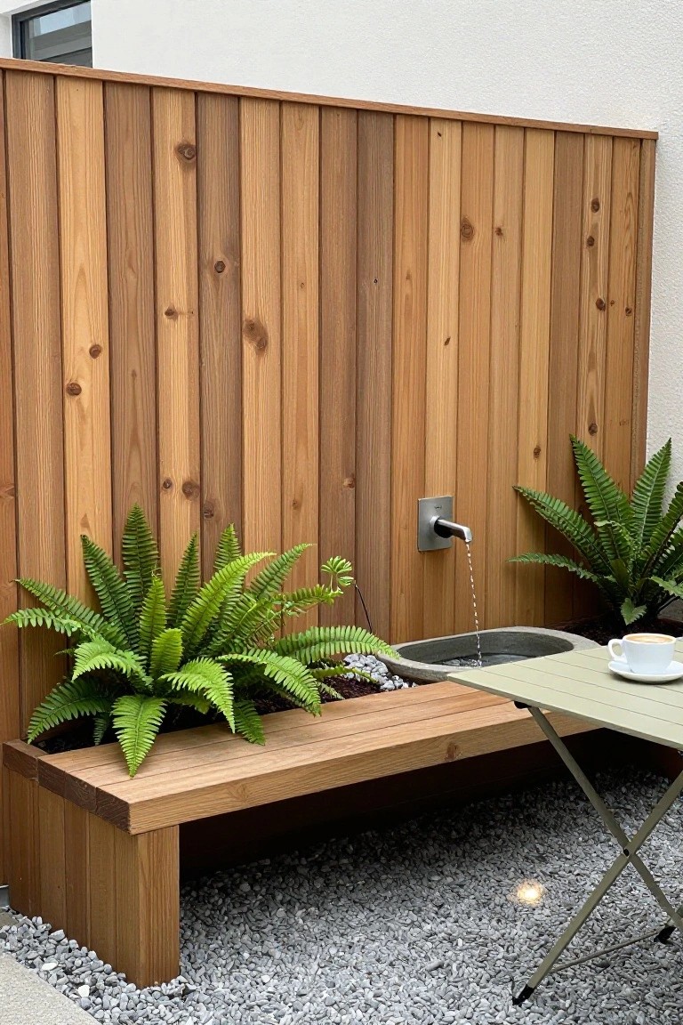 A vertical wood fence with a built-in bench, ferns planted along the base, and a wall-mounted faucet above a stone basin.