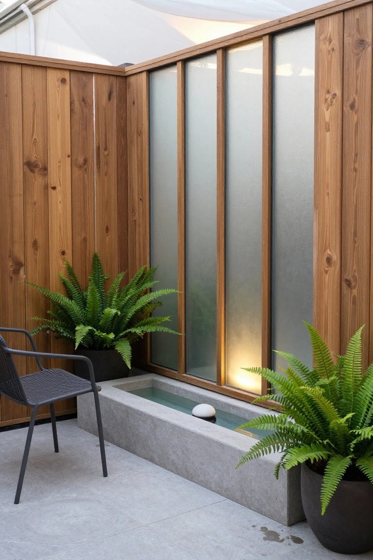 A corner patio with a vertical wood fence that includes frosted glass panels, a concrete water trough with a light at the base, and two potted ferns beside a gray chair.
