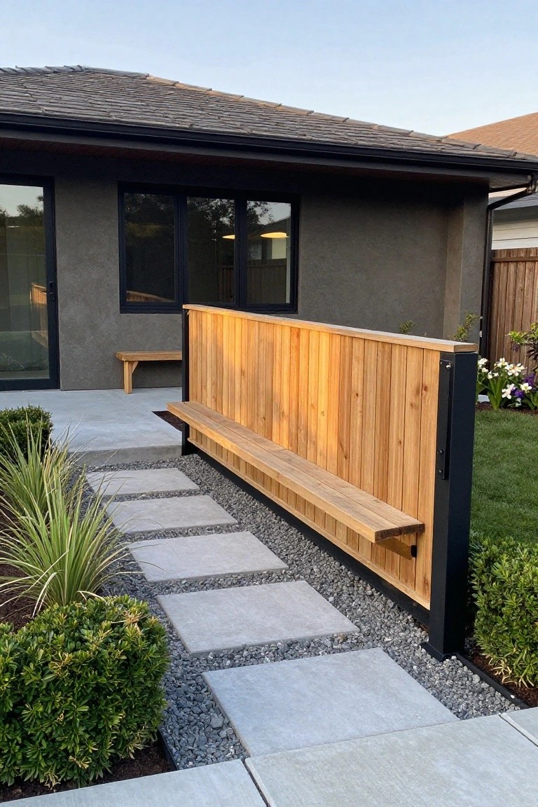 A horizontal wood fence with an attached bench, black metal posts, and a gravel path with concrete stepping stones beside a house.