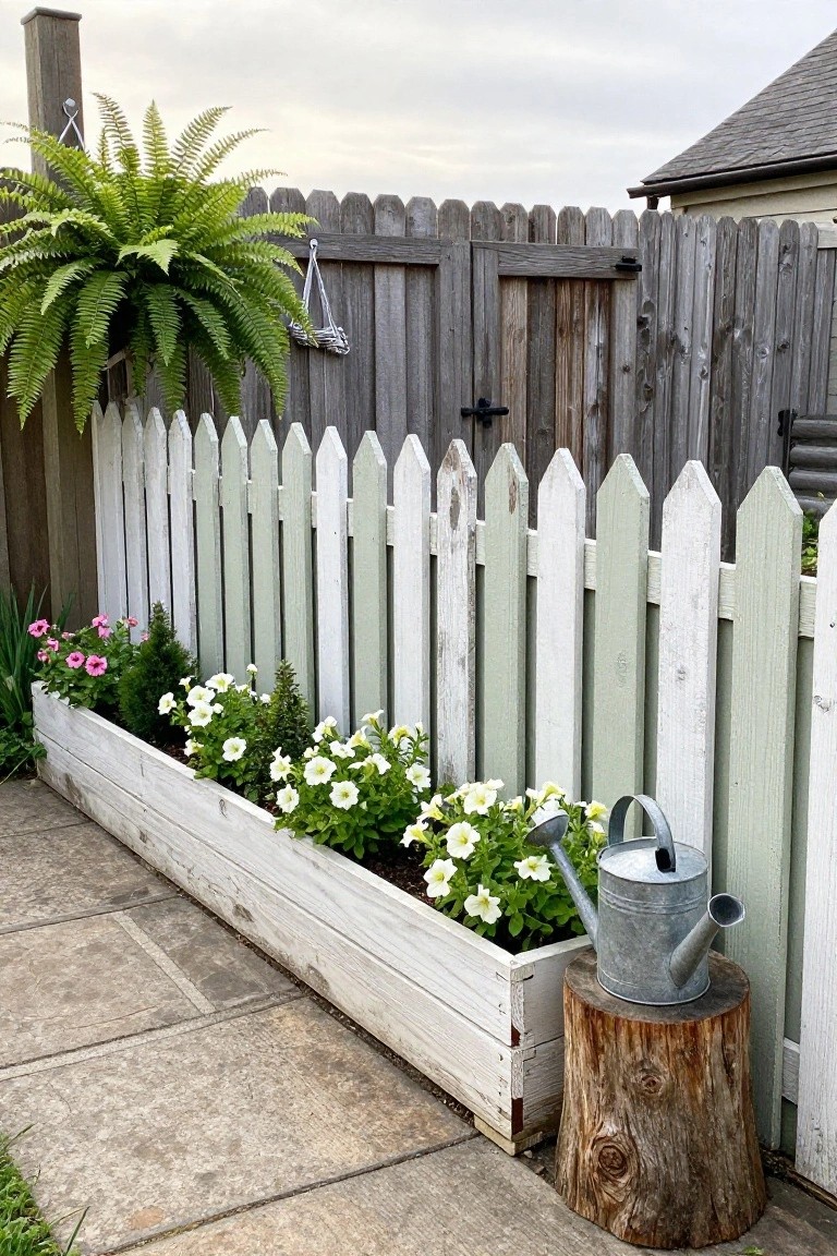 White planter box of flowers by picket fence with watering can on stump