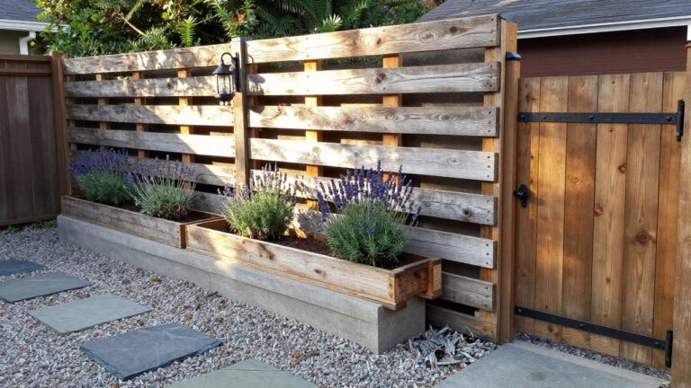 19 Resourceful Pallet Wood Fence Ideas Using Reclaimed Materials A reclaimed wood pallet fence with horizontal slats stands behind a matching pallet bench, with a planter of lavender to the left and a wooden gate on the right.
