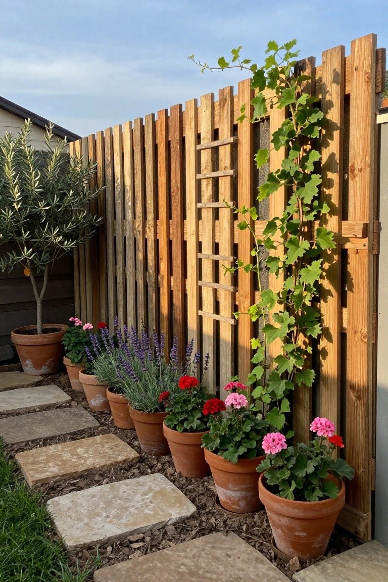 Wooden fence with climbing vine, potted lavender, red and pink geraniums, stone path
