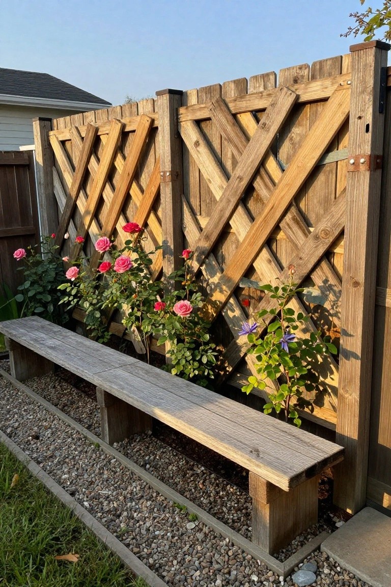 A reclaimed wood lattice fence with pink roses and a wooden bench in front on gravel.