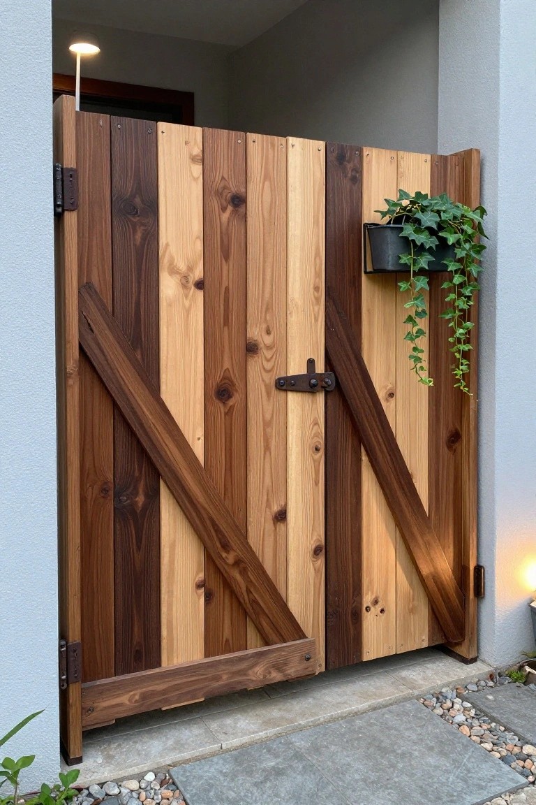 A wooden gate built from vertical planks in mixed brown tones with diagonal braces, metal hinges, and a small hanging plant on the right side.