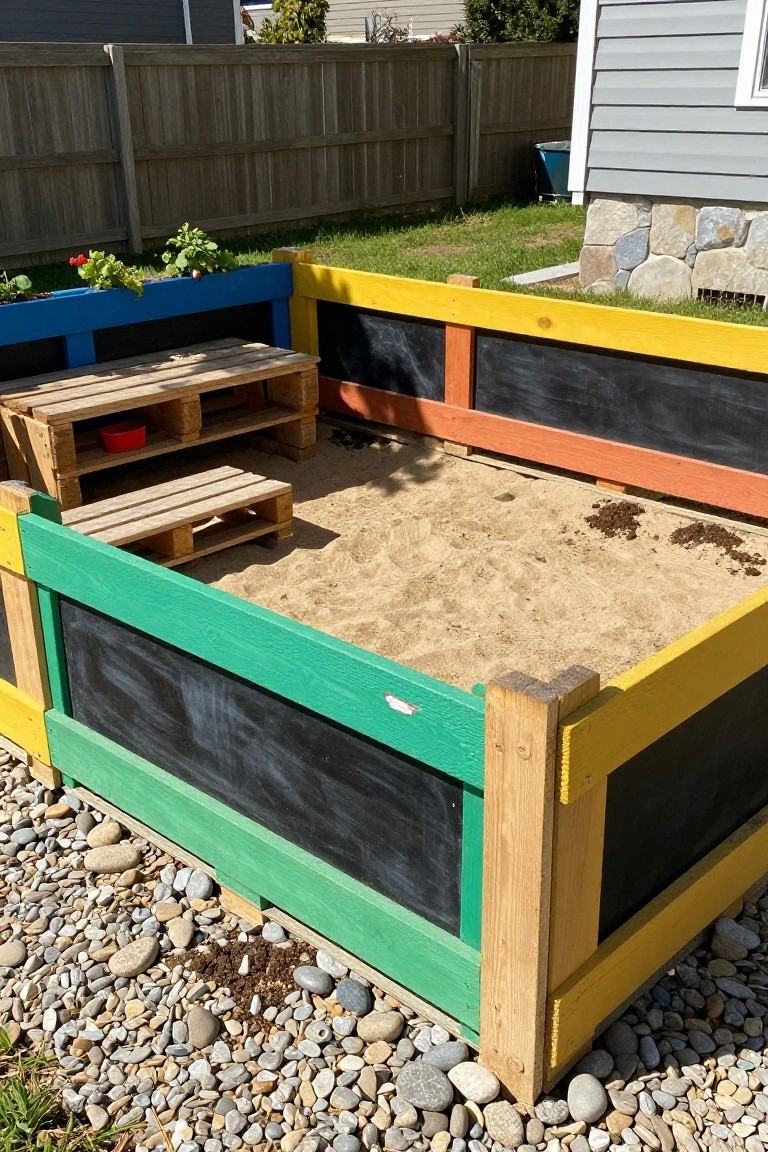 A backyard sandbox enclosed by painted wooden pallets with black chalkboard panels on the sides.