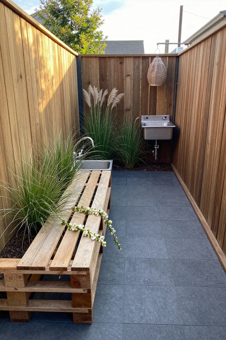 Outdoor patio with wooden fences, pallet bench, two sinks, and tall grasses on gray tiles