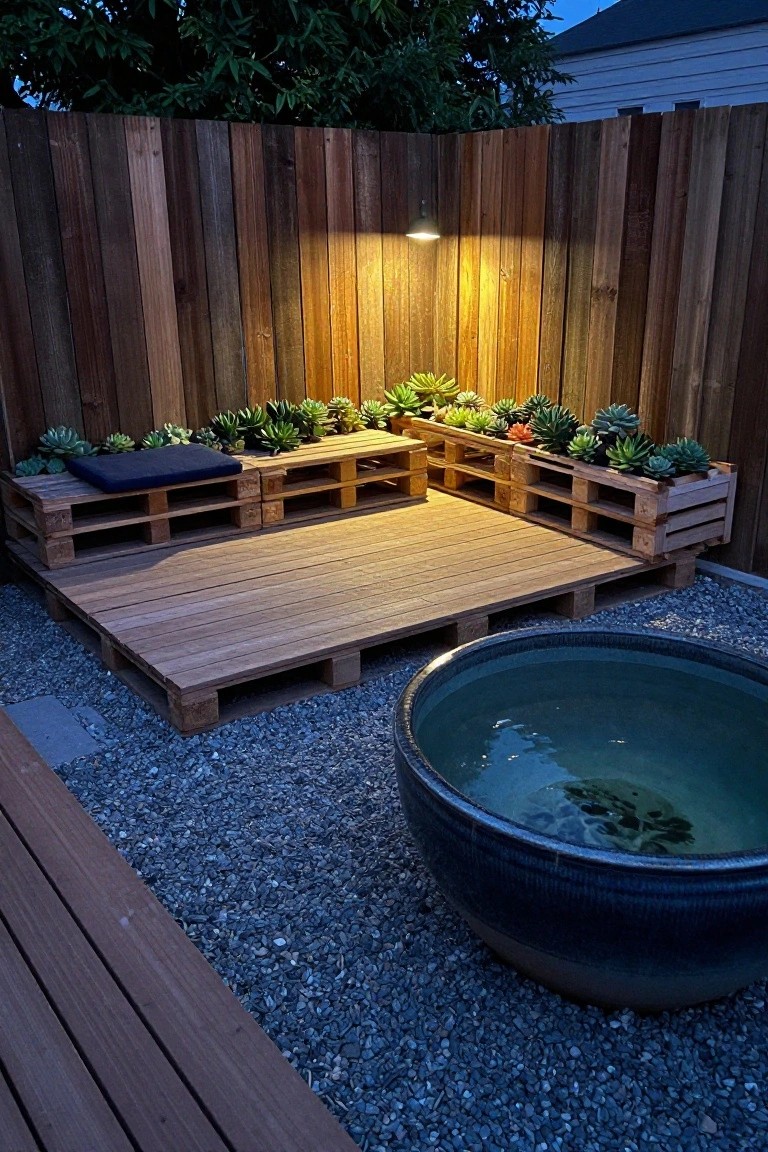 Pallet wood deck with succulents, blue cushion, fence, and large water bowl at dusk