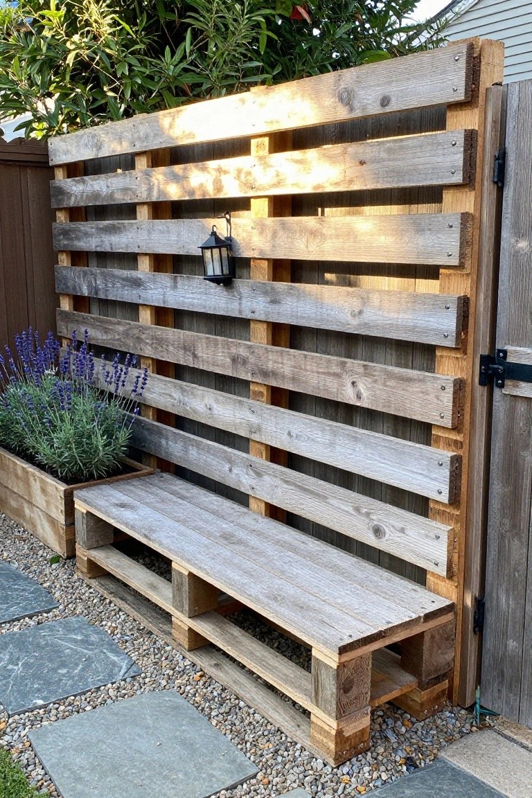 A reclaimed wood pallet fence with horizontal slats stands behind a matching pallet bench, with a planter of lavender to the left and a wooden gate on the right.