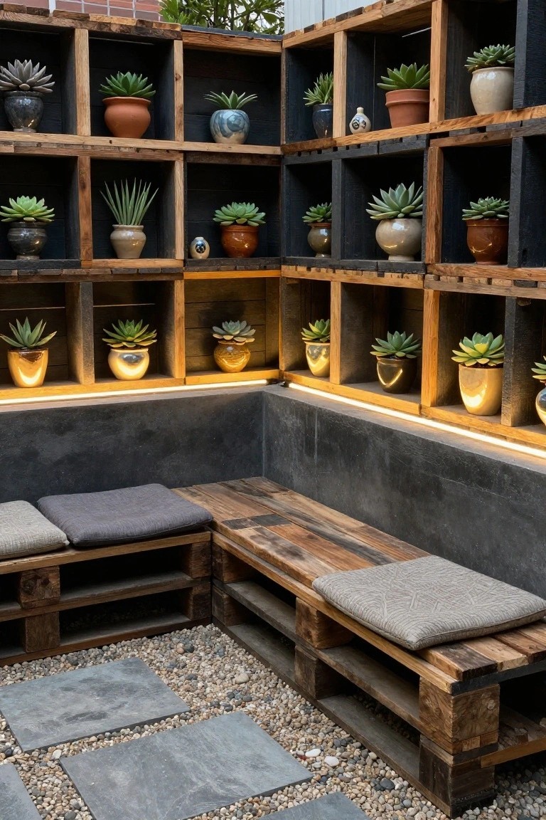 Wooden pallet cubbies filled with potted succulents form a corner wall above low pallet benches with cushions on a gravel patio with stone pavers.