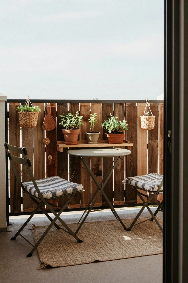A small balcony with two striped folding chairs and a round table on a woven rug, set against a vertical reclaimed wood fence with potted plants on a shelf and hanging baskets.