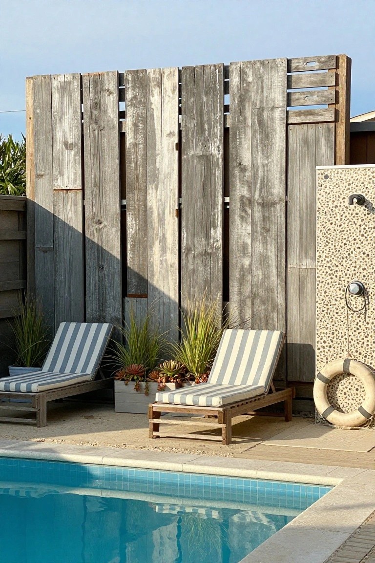 Two striped lounge chairs sit in front of a tall fence made from vertical reclaimed pallet boards beside a pool, with an outdoor shower on the right.