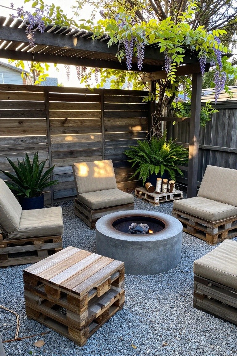 Outdoor patio with pallet chairs, fire pit, and wisteria-covered pergola on gravel.