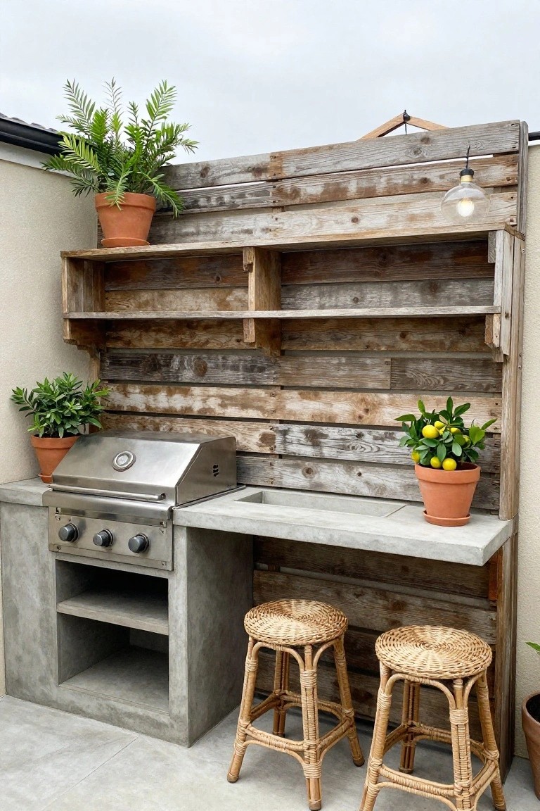 Rustic outdoor kitchen with wooden plank wall, stainless grill, concrete sink counter, and wicker stools.