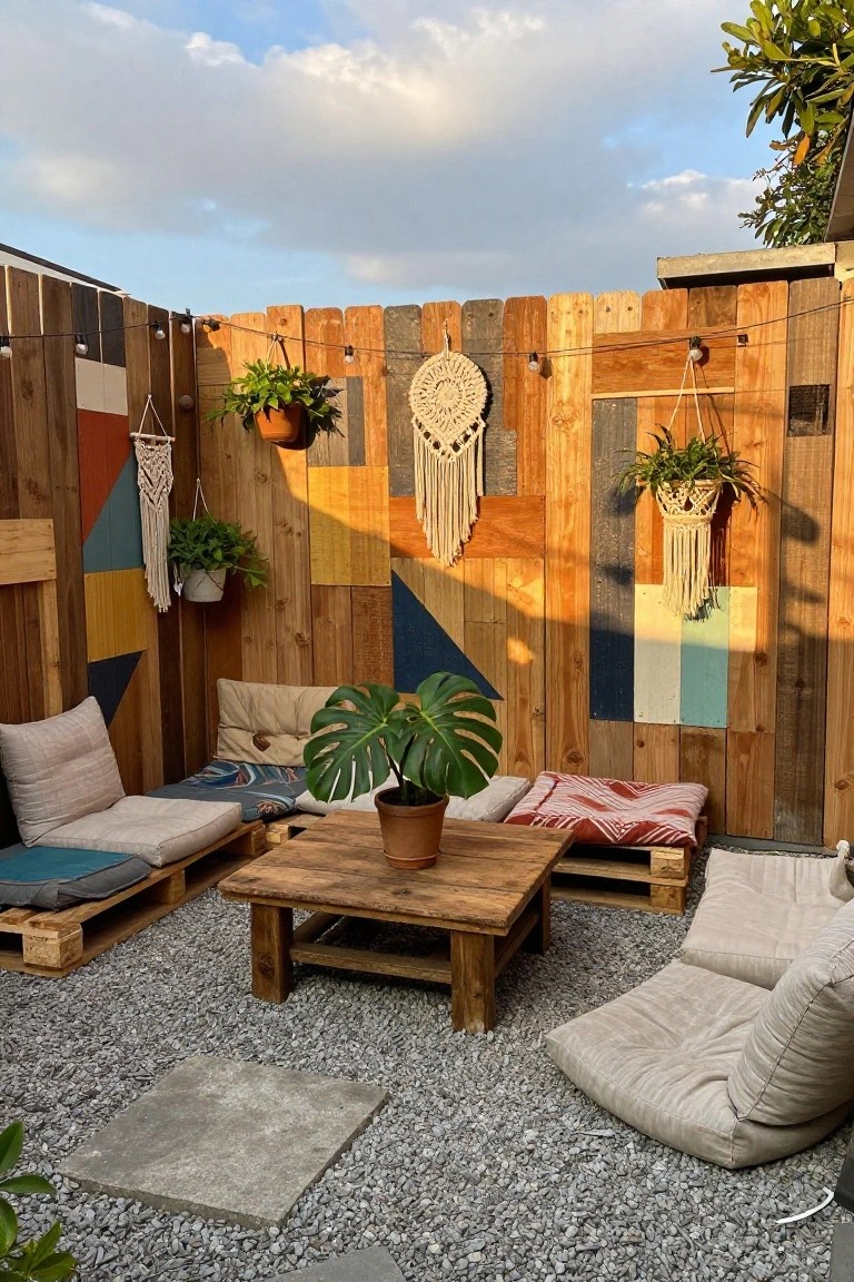 An outdoor seating area enclosed by a multicolored wooden fence built from reclaimed pallets, with pallet furniture and hanging plants on gravel.
