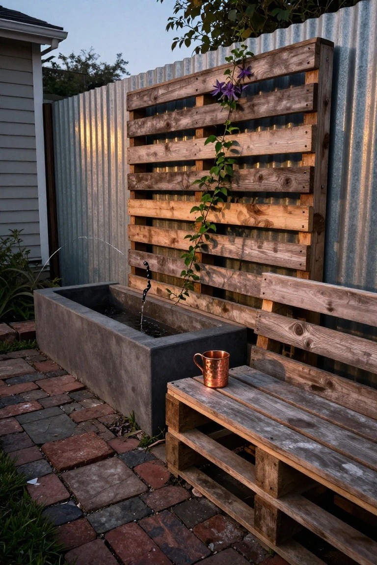 A wooden pallet screen mounted against a corrugated metal wall beside a concrete fountain and a pallet bench on a brick patio.