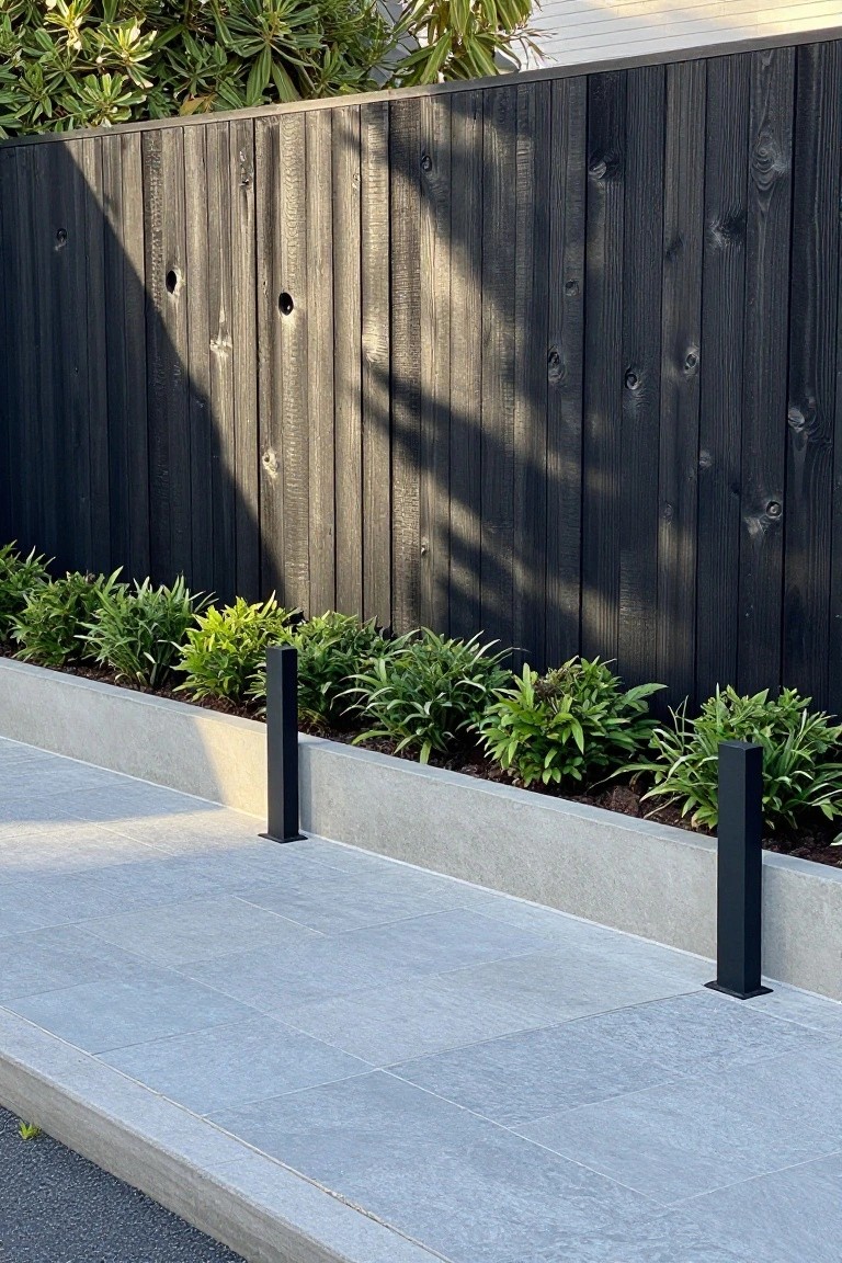 A dark wooden fence with vertical planks behind a concrete raised bed containing green plants, next to a gray paved walkway with two black posts.