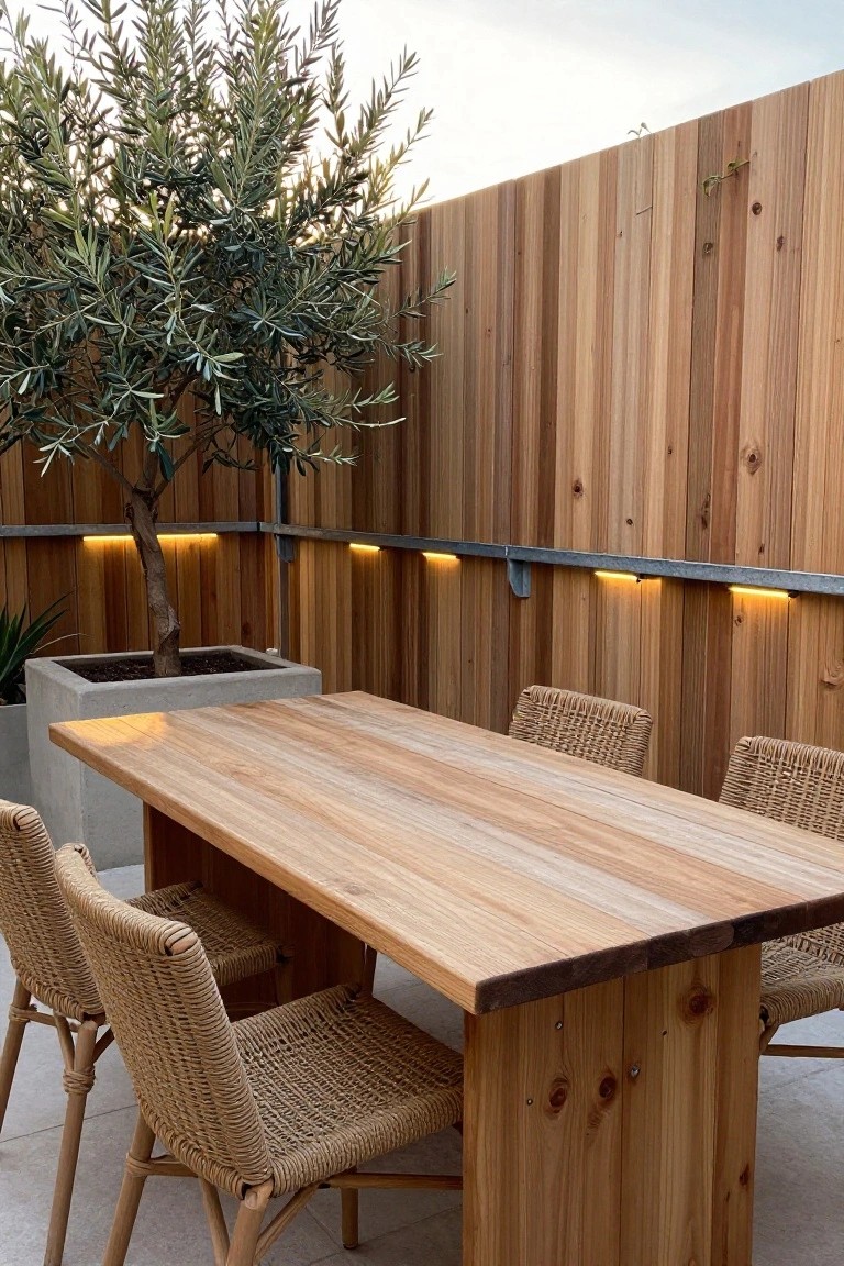 Outdoor wooden dining table with woven chairs on a patio, backed by a vertical reclaimed wood fence with integrated lighting and a potted tree nearby.