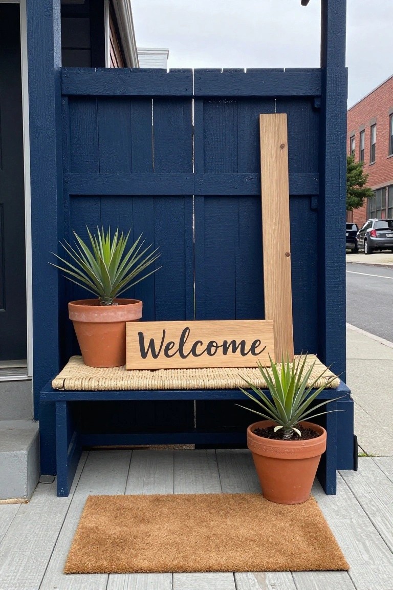 Blue bench with welcome sign, two potted plants, woven mat, and doormat.