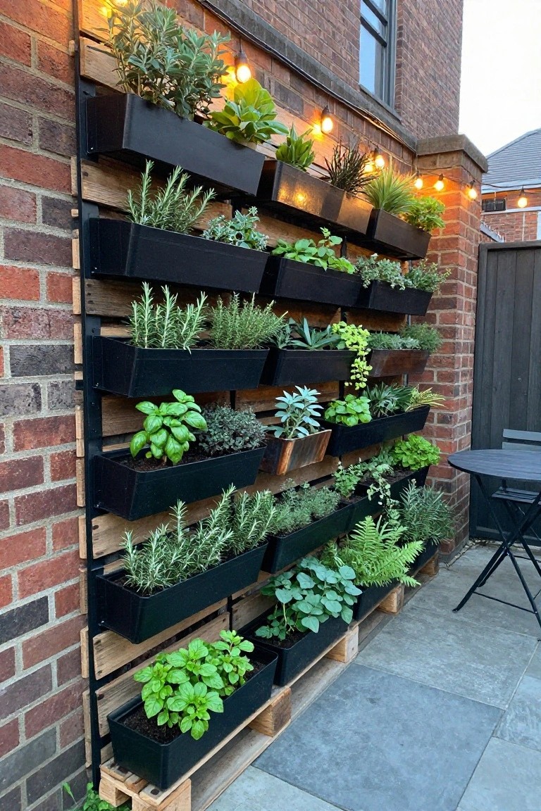 A vertical garden wall built from reclaimed wooden pallets and black rectangular planters mounted against a brick exterior wall, holding various herbs and green plants.