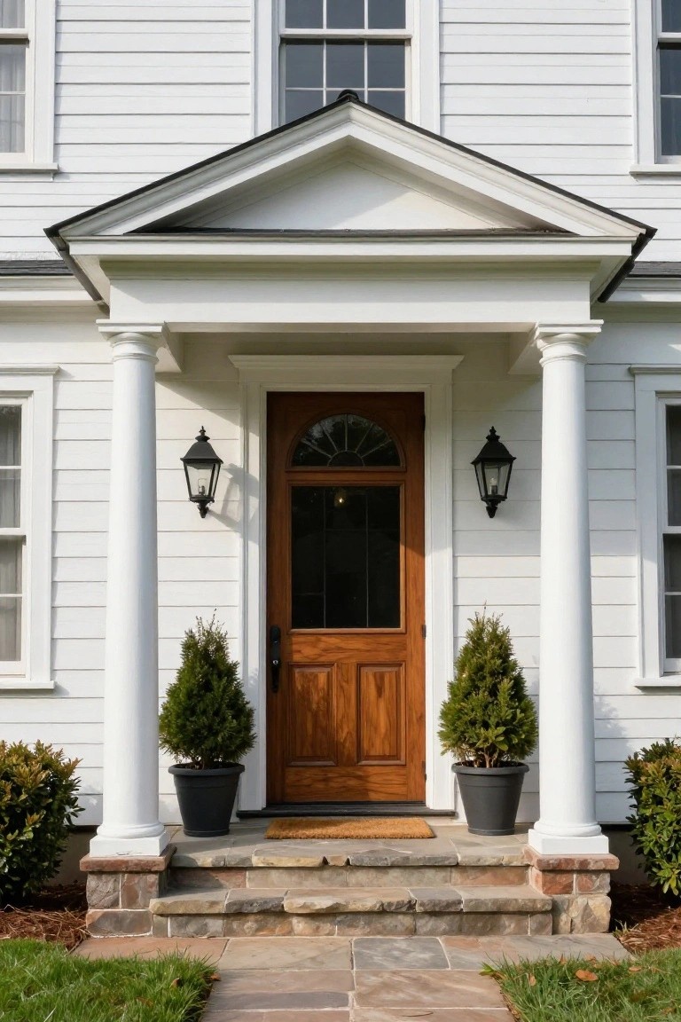 A wooden front door centered beneath a white triangular pediment supported by two round columns on a stone porch.