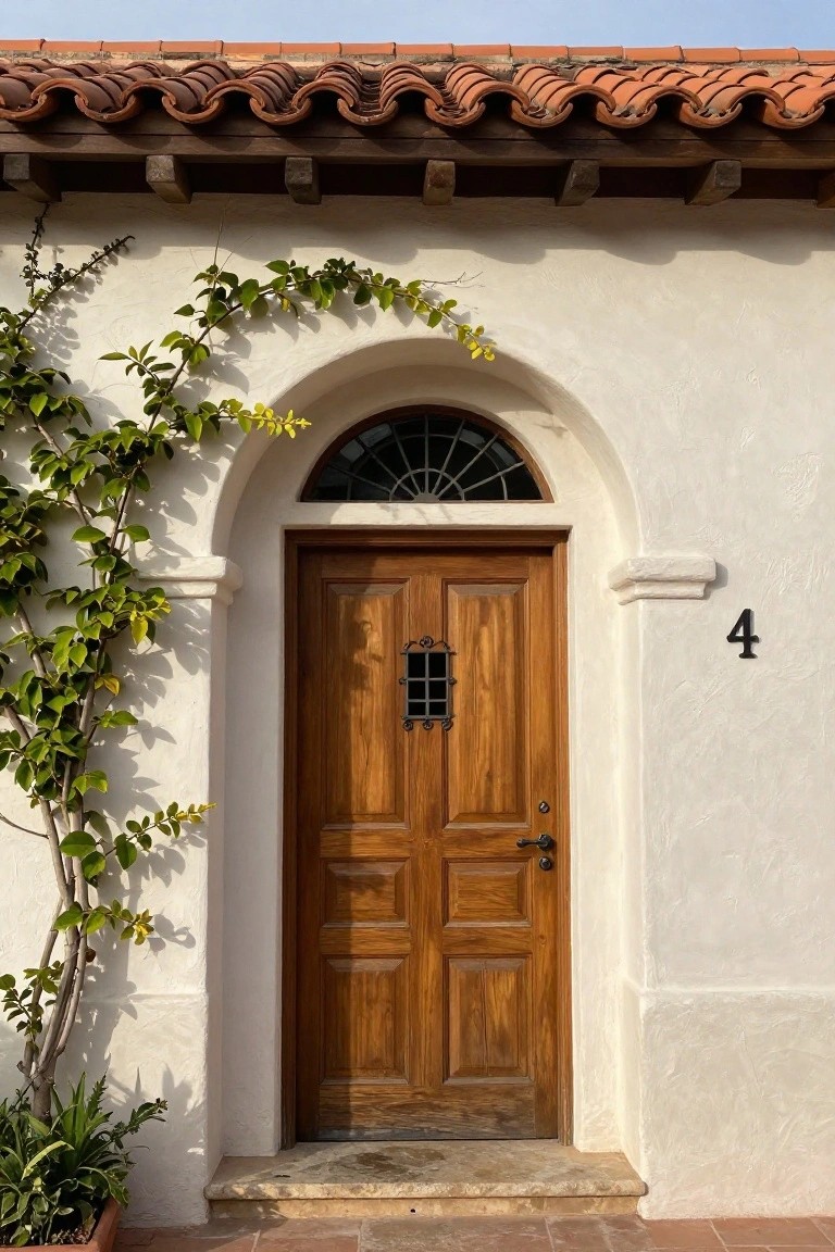 A wooden double door with paneling and a small decorative window sits inside a white stucco arched entry under terracotta roof tiles, with a climbing vine on the left.