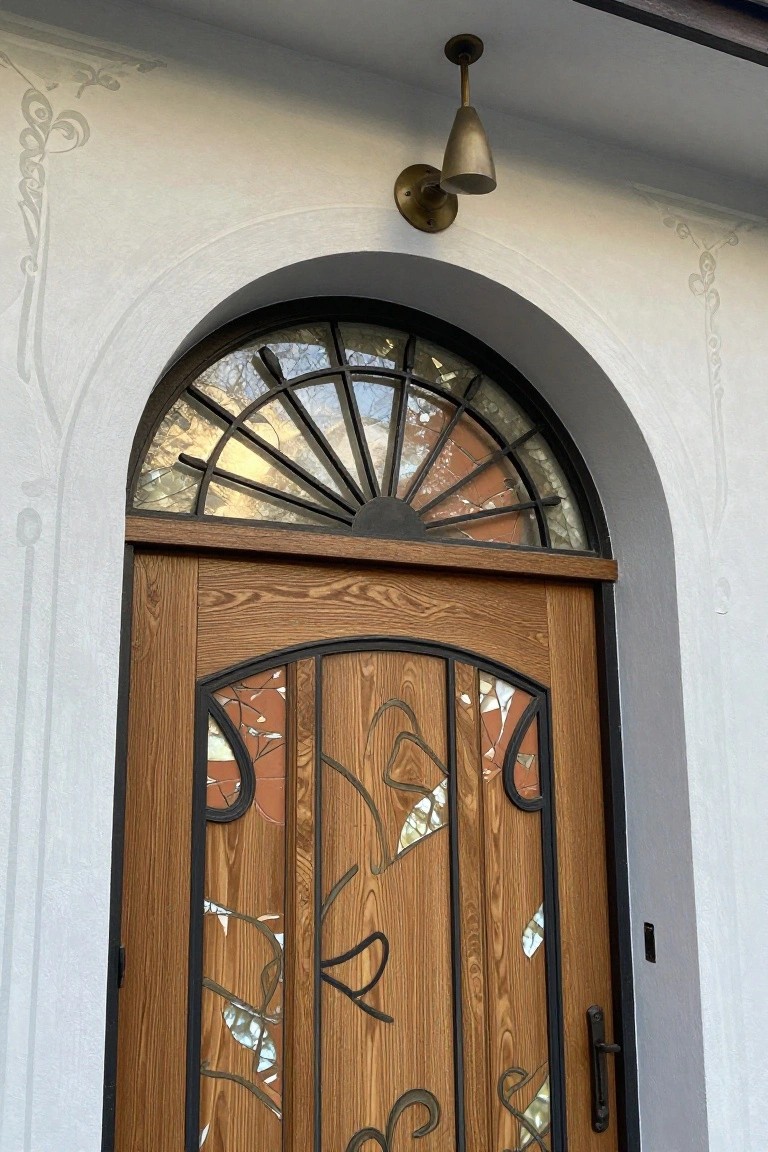 Wooden door with abstract stained glass under a radial arched transom and sconce.