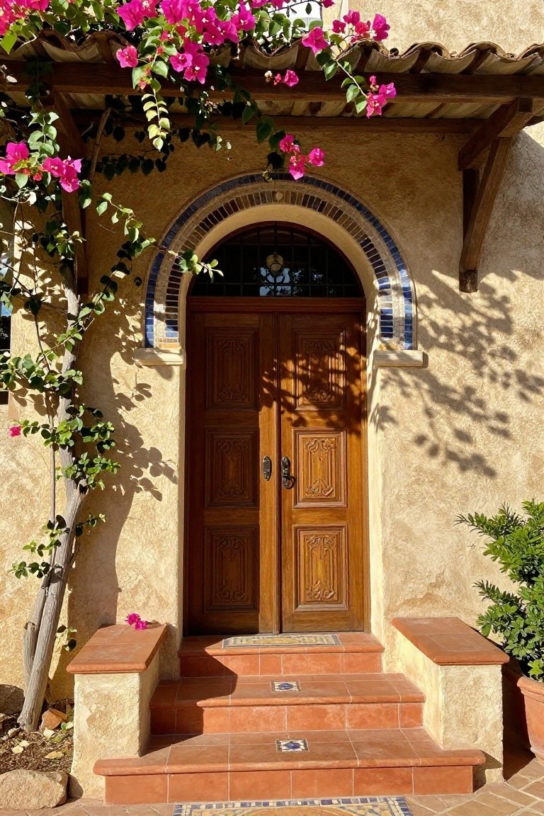 Ornately carved wooden double doors centered in a blue-tiled arch on a stucco house exterior, with terracotta steps and pink bougainvillea above.