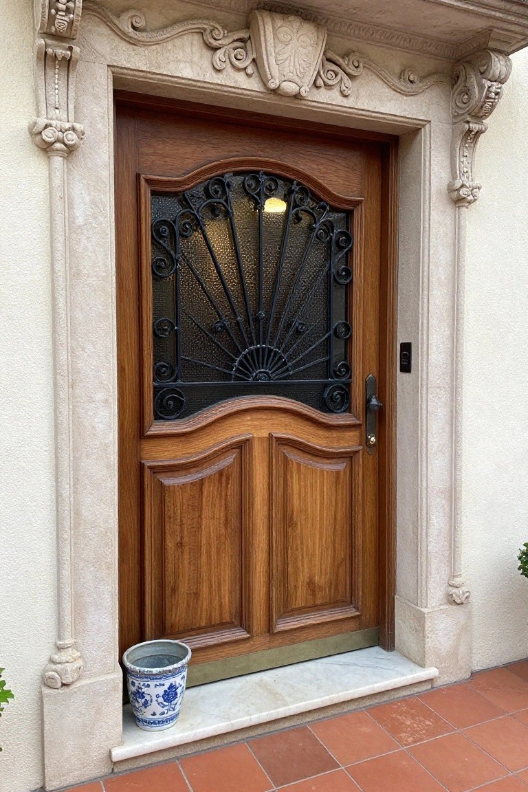 A wooden door with an arched wrought iron insert set inside an ornate carved stone doorway.