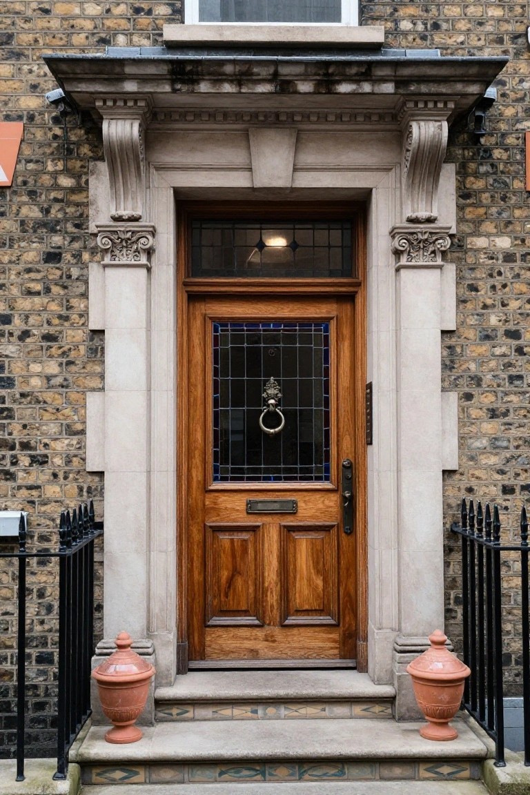 Ornate wooden door with stained glass in stone doorway flanked by terracotta urns