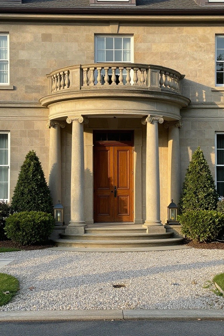 A stone house front with a centered wooden double door flanked by two large columns and topped by a curved stone balcony.