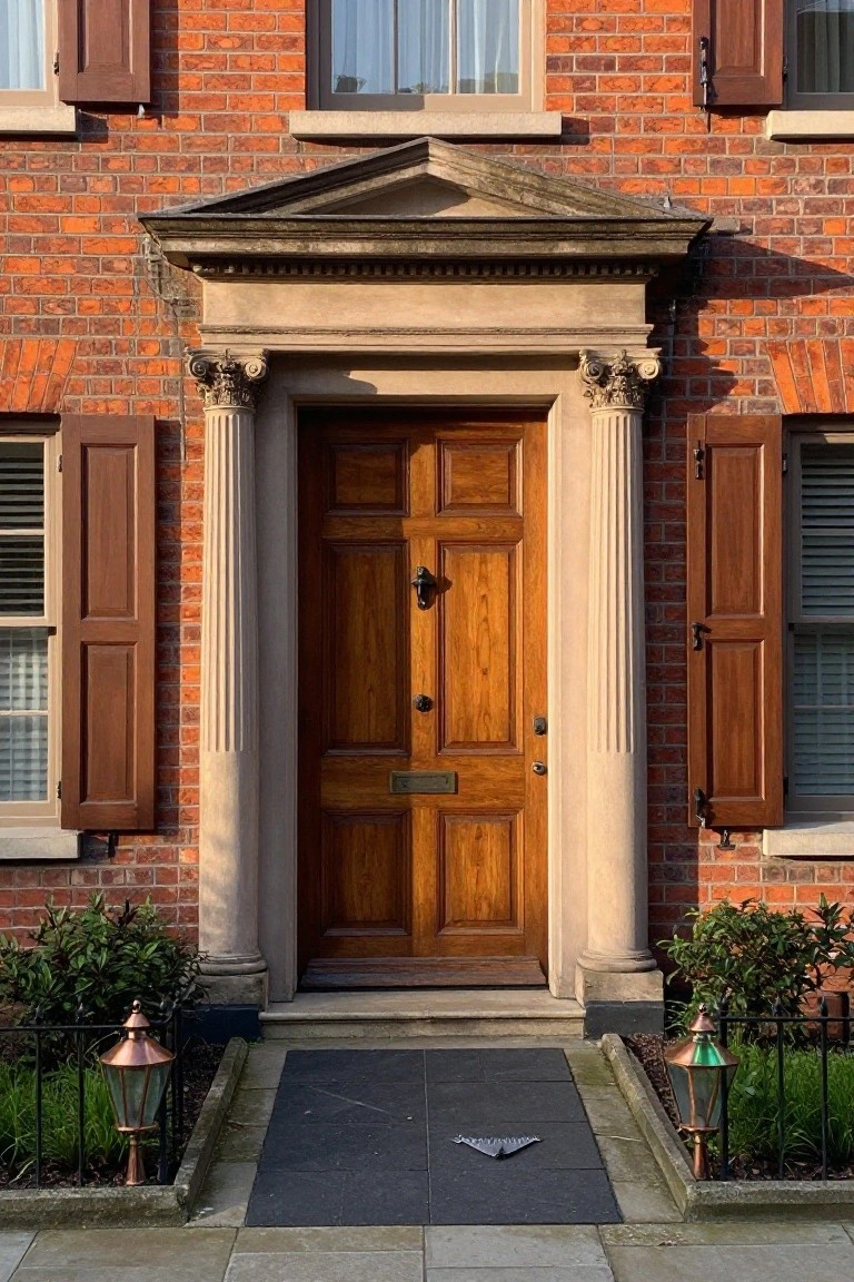 A six-panel wooden door is centered between two stone columns that support a triangular pediment on a red brick house facade.