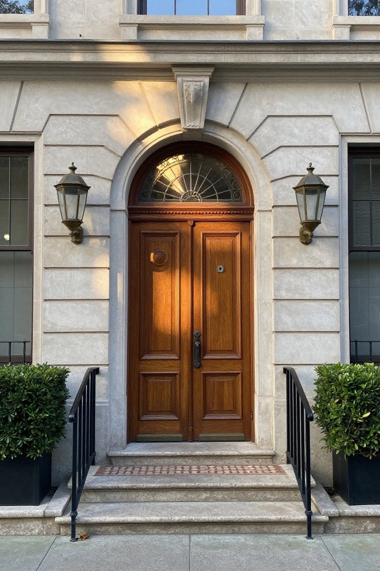 A pair of wooden double doors centered beneath a stone arch with a fanlight transom, flanked by two lanterns and short steps with railings.