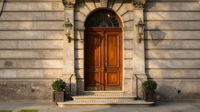19 Royal Wooden Door Designs Inspired by Classic and Ornate Architecture A pair of wooden double doors centered beneath a stone arch with a fanlight transom, flanked by two lanterns and short steps with railings.