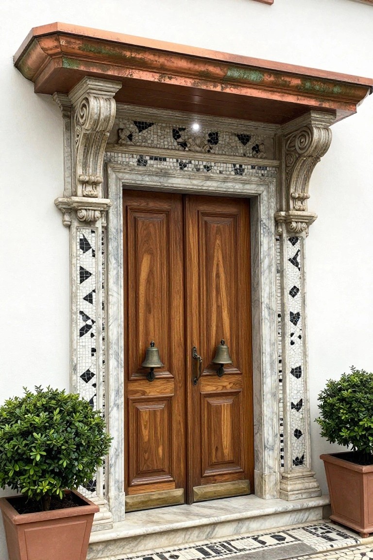 Ornate wooden double doors with marble mosaic frame, copper awning, and flanking potted plants