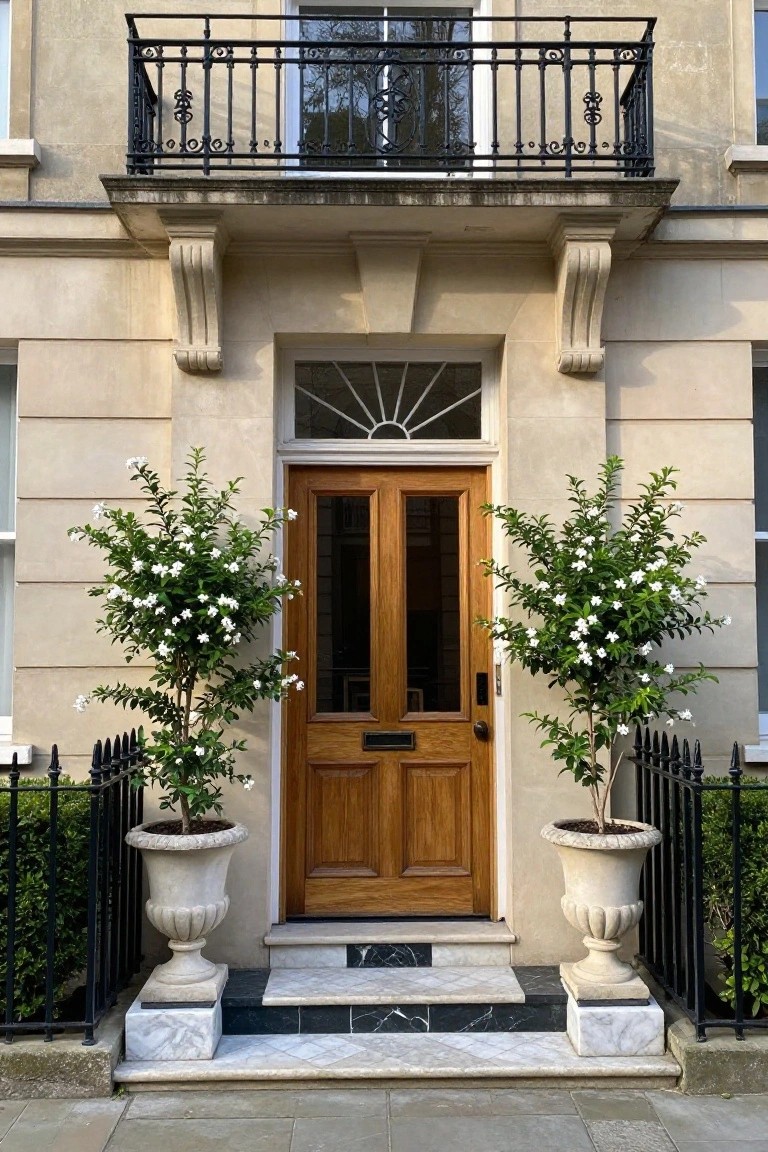 Wooden door flanked by two white-flowered plants in stone urns below balcony