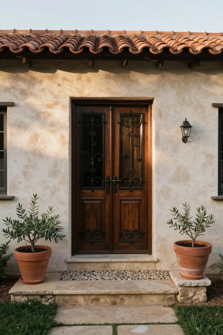 A pair of dark wooden double doors with ornate black iron grilles centered on a stucco wall under a terracotta tile roof, flanked by two potted olive trees on stone steps.