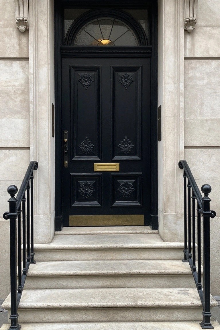 A black double wooden door with carved floral panels, a brass mail slot, and a semicircular window above, set in a stone facade with steps and black railings.