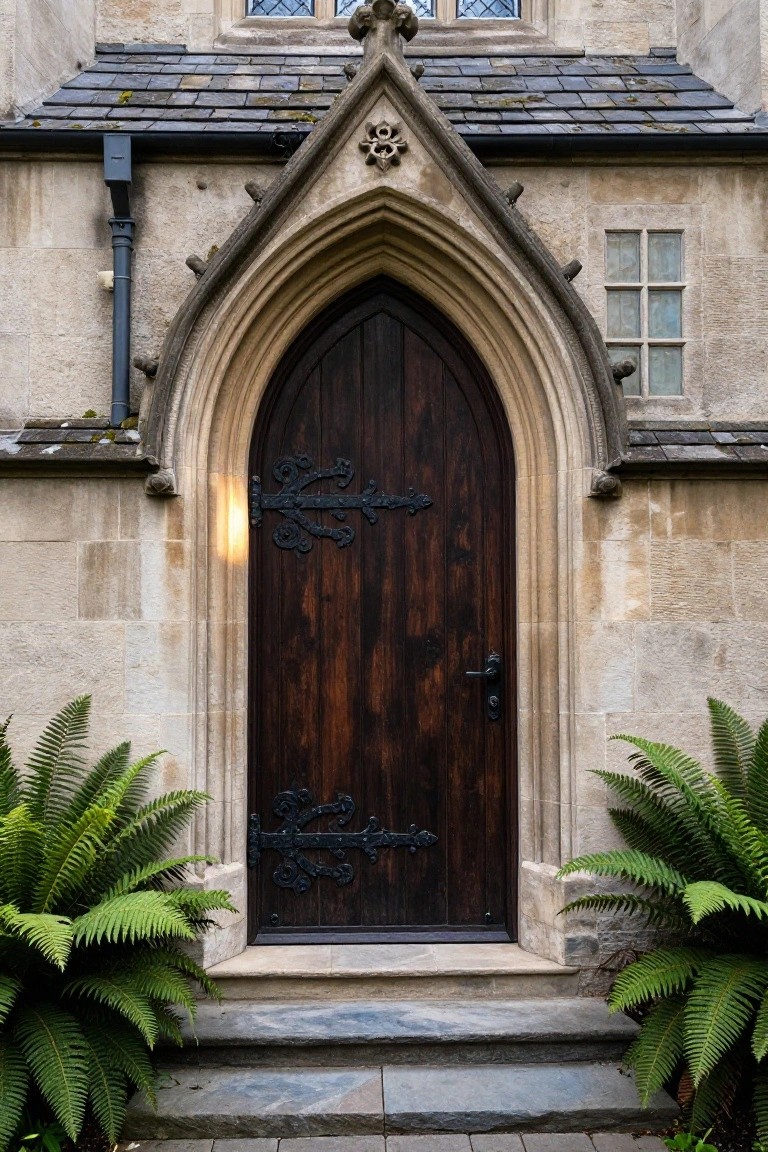 A dark wooden door with black ornate metal hinges and straps beneath a pointed Gothic stone arch on a building exterior with ferns at the base.