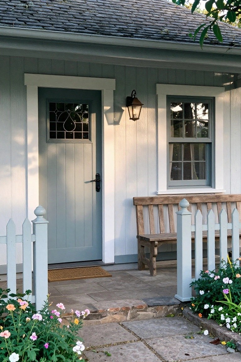 A light blue-gray wooden door with a small decorative glass panel at the top, framed in white trim beside a matching window on a house with a wooden bench and garden flowers in front.
