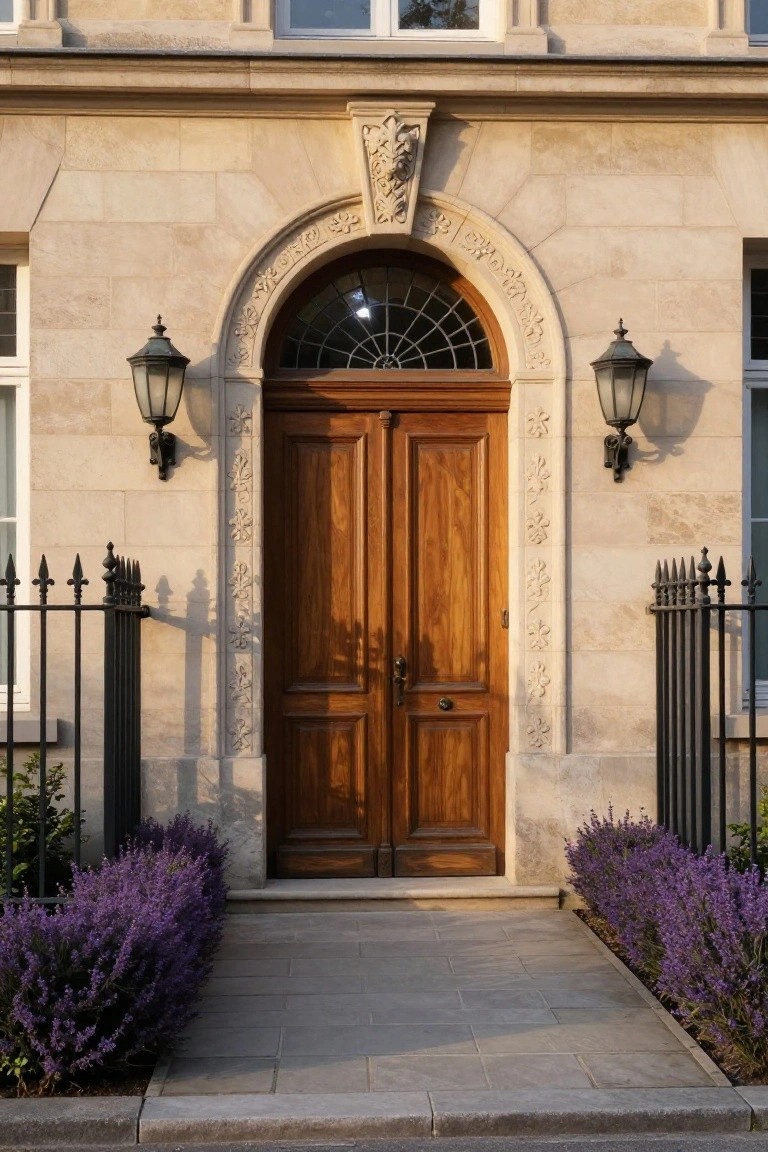 Wooden double doors in carved stone arch with lanterns and purple flowers