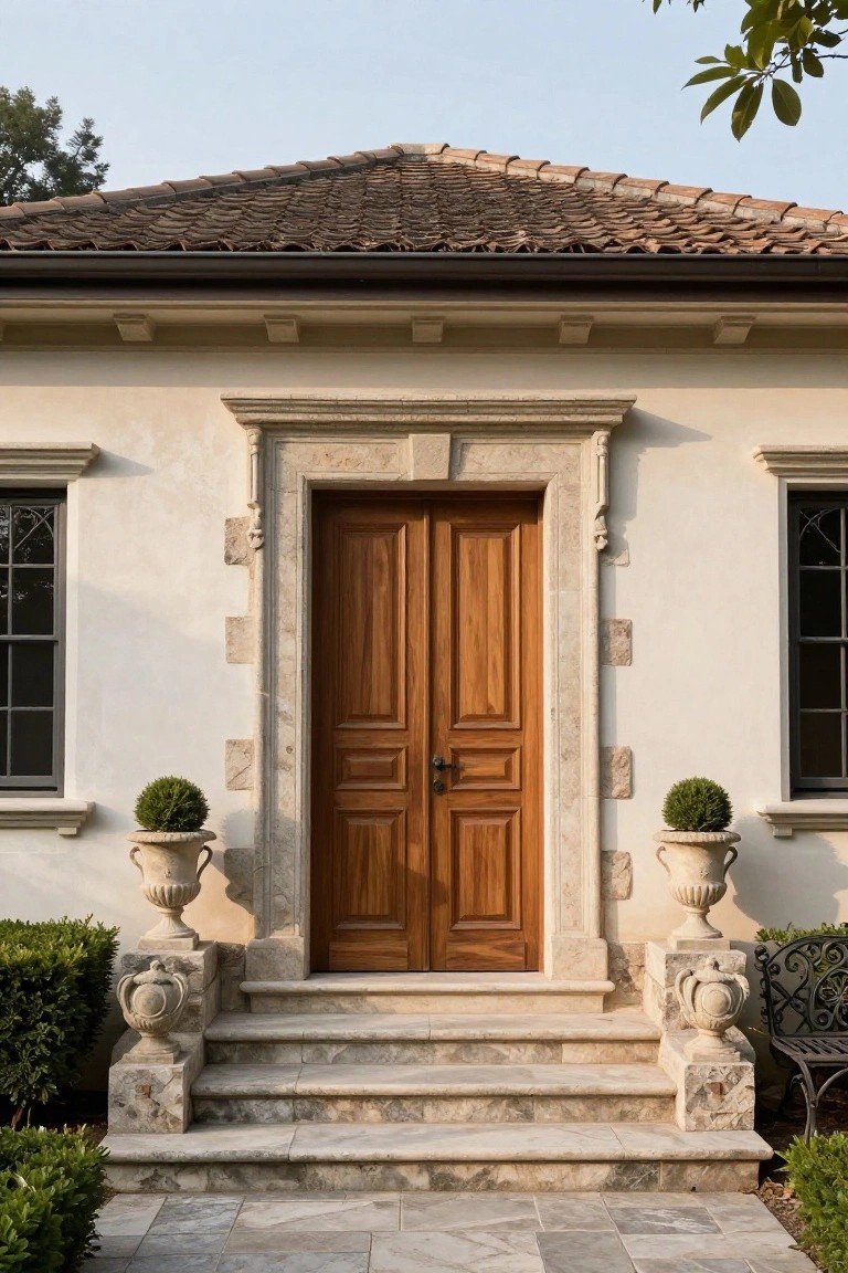 A pair of wooden double doors framed by a light stone surround on a house exterior, with stone steps, two urns, and windows on either side.