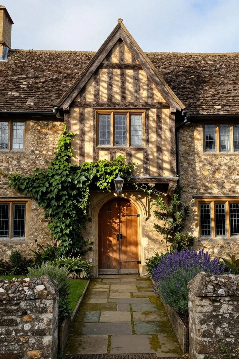 A stone and half-timbered house exterior with a central arched wooden double door, a stone pathway leading to it, and climbing vines plus lavender plants on either side.