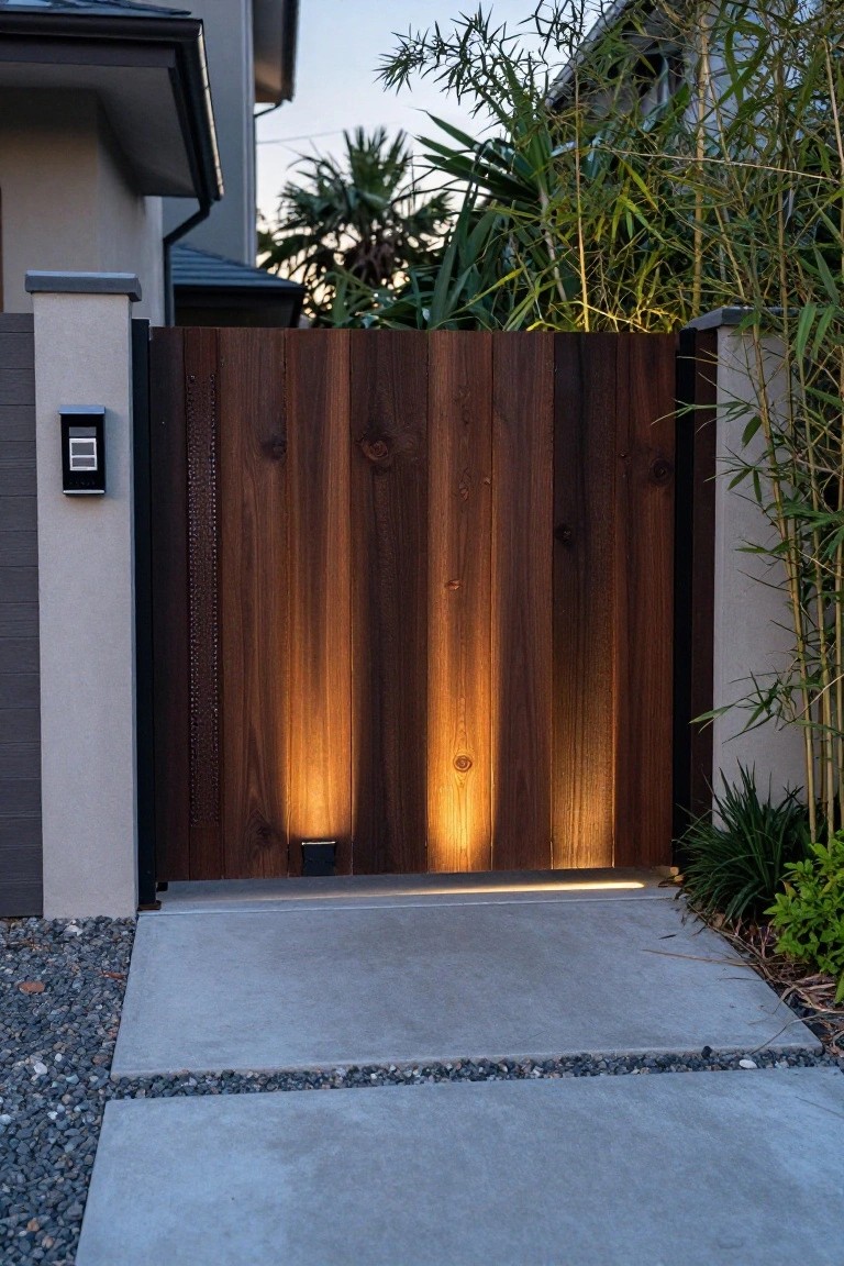 A dark wooden driveway gate with vertical planks is lit from below by ground lights between two concrete pillars.